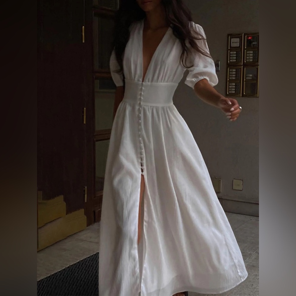 French Button Split Long Dress
